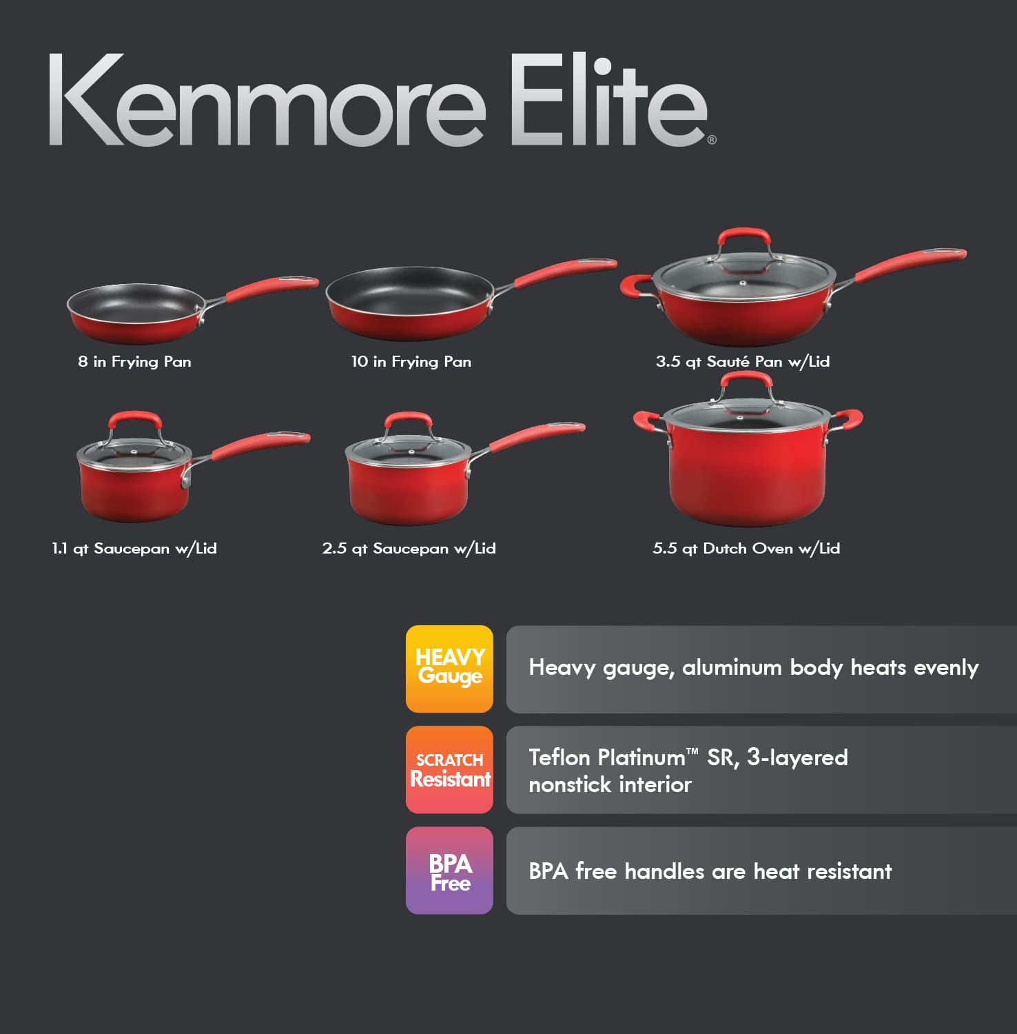Kenmore Elite Andover Nonstick Platinum Forged Aluminum Cookware Set, 10-Piece, Red Gradient - Image 3