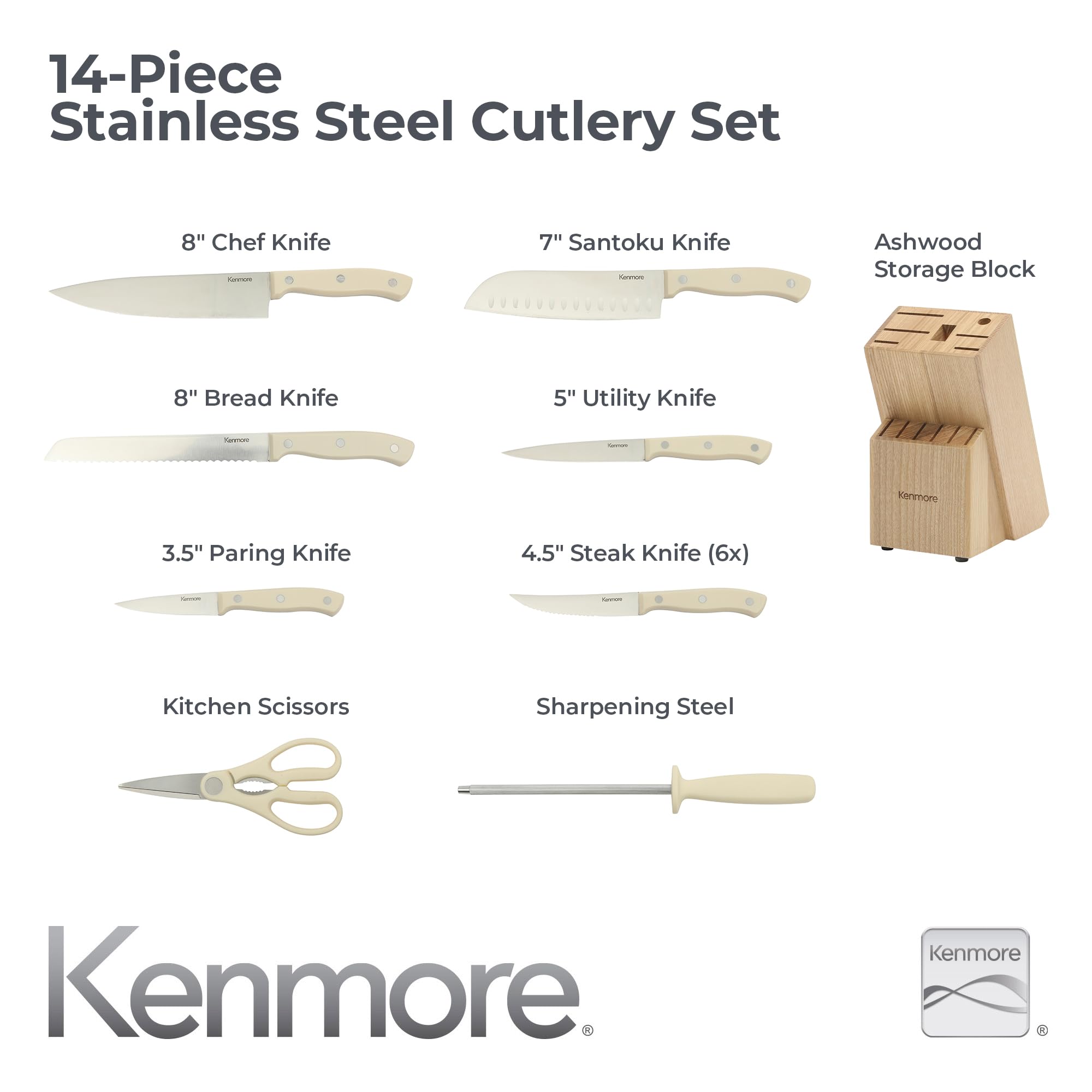 Kenmore Kane 14-Piece Stainless Steel Kitchen Knife Block Set – Triple Rivet ABS Handles, Cream White – Chef, Bread, Utility, Paring, Steak Knives & Kitchen Shears in Wood Storage Block - Image 3