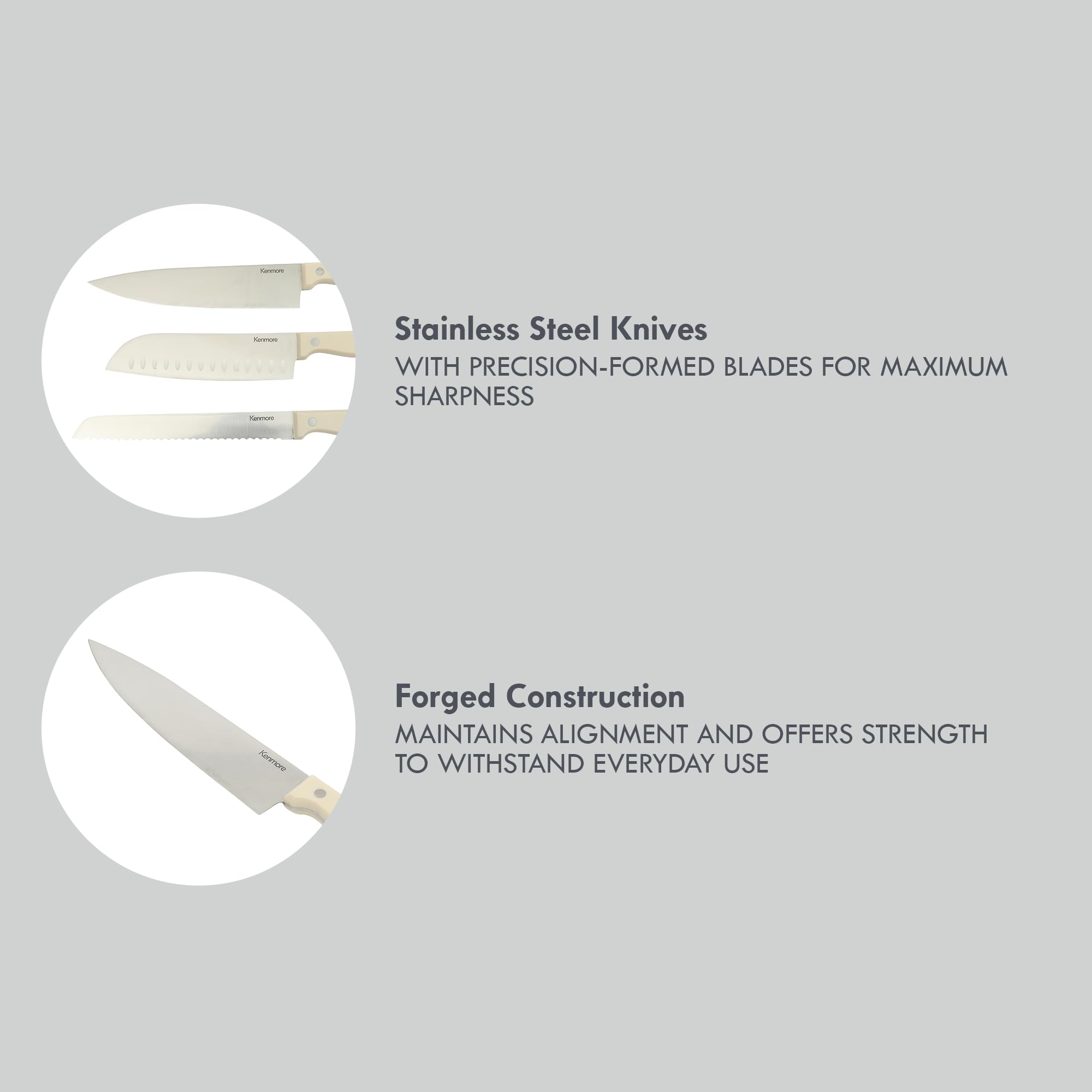 Kenmore Kane 14-Piece Stainless Steel Kitchen Knife Block Set – Triple Rivet ABS Handles, Cream White – Chef, Bread, Utility, Paring, Steak Knives & Kitchen Shears in Wood Storage Block - Image 4