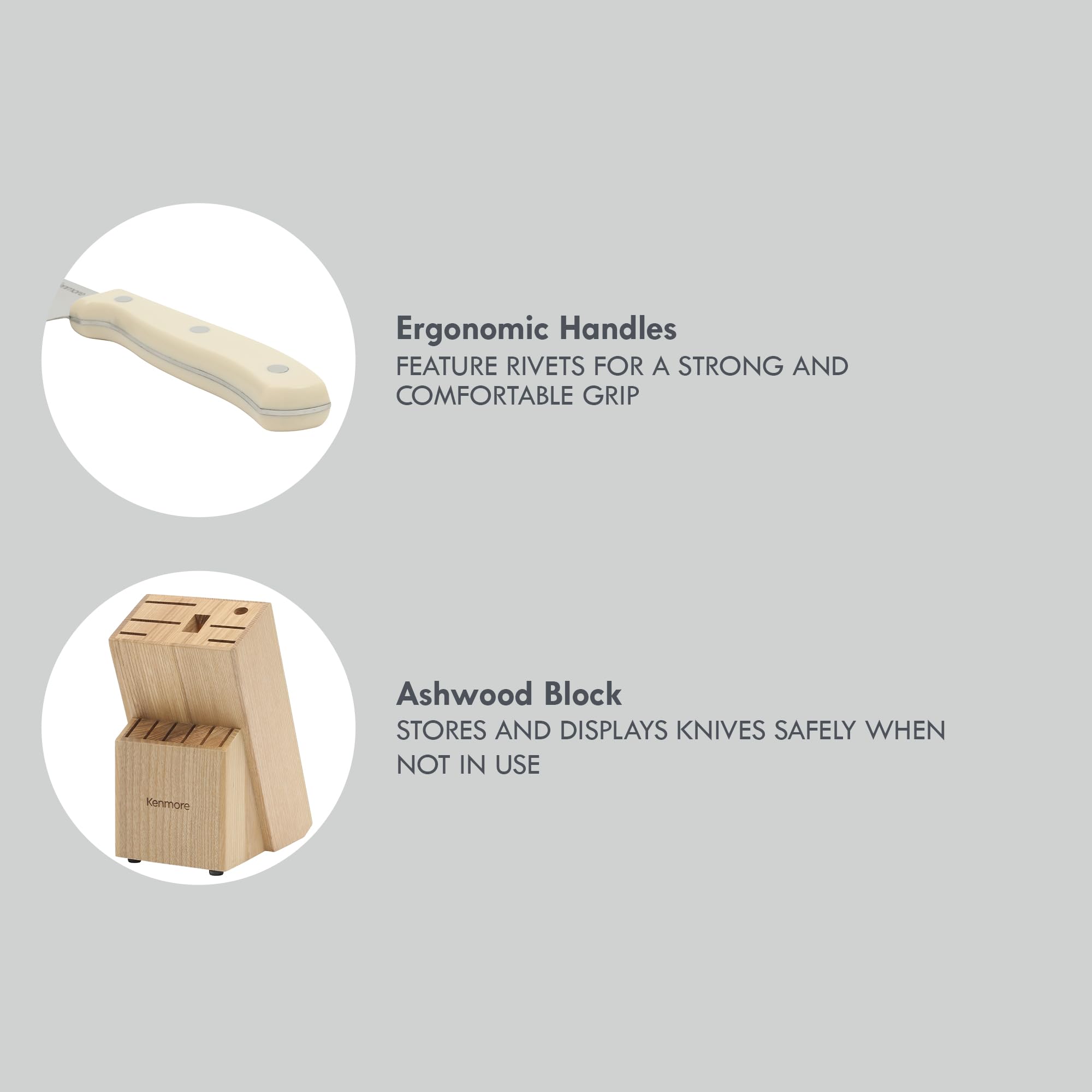 Kenmore Kane 14-Piece Stainless Steel Kitchen Knife Block Set – Triple Rivet ABS Handles, Cream White – Chef, Bread, Utility, Paring, Steak Knives & Kitchen Shears in Wood Storage Block - Image 5