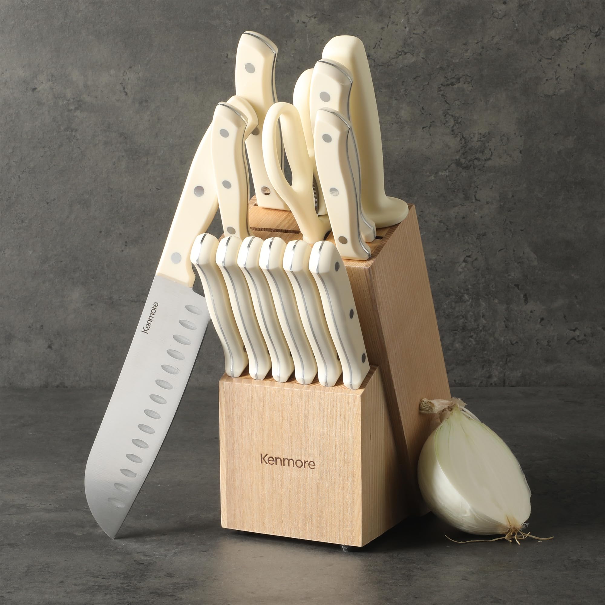 Kenmore Kane 14-Piece Stainless Steel Kitchen Knife Block Set – Triple Rivet ABS Handles, Cream White – Chef, Bread, Utility, Paring, Steak Knives & Kitchen Shears in Wood Storage Block - Image 6