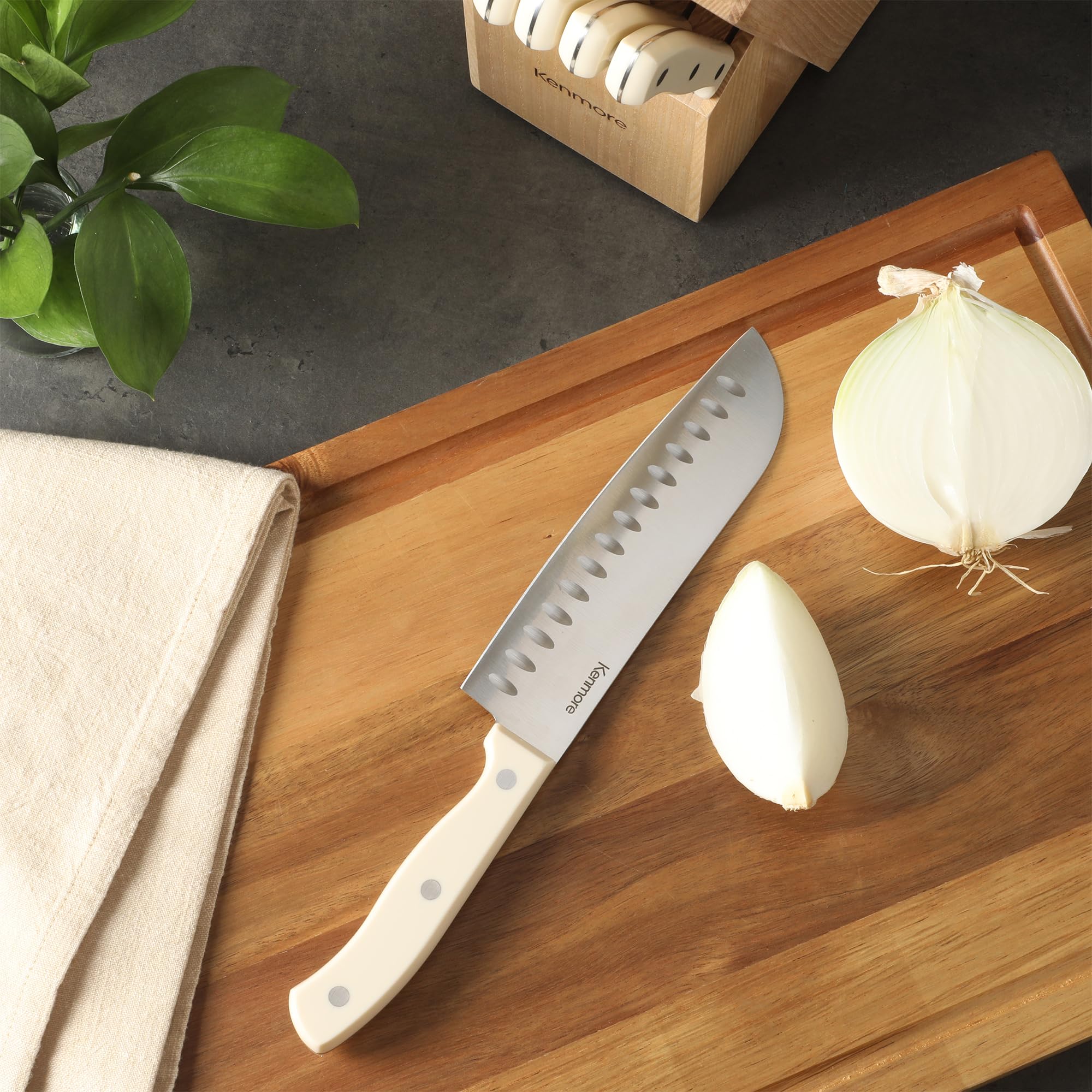 Kenmore Kane 14-Piece Stainless Steel Kitchen Knife Block Set – Triple Rivet ABS Handles, Cream White – Chef, Bread, Utility, Paring, Steak Knives & Kitchen Shears in Wood Storage Block - Image 7